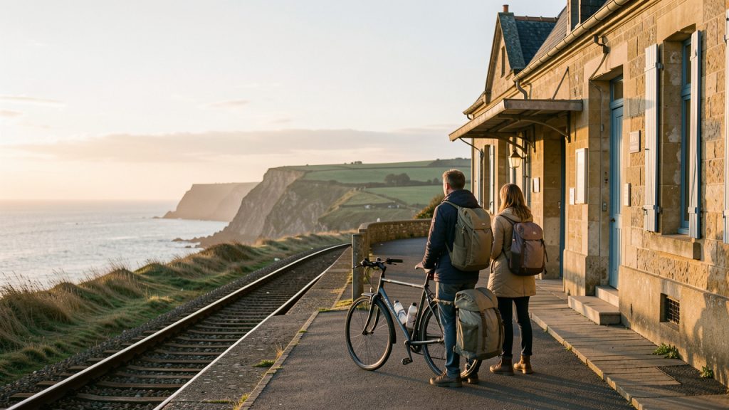 Un homme et une femme avec des sacs légers près d’un vélo devant une gare normande, face à un paysage côtier au lever du soleil.