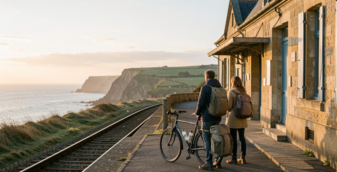 Un homme et une femme avec des sacs légers près d’un vélo devant une gare normande, face à un paysage côtier au lever du soleil.