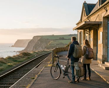 Un homme et une femme avec des sacs légers près d’un vélo devant une gare normande, face à un paysage côtier au lever du soleil.