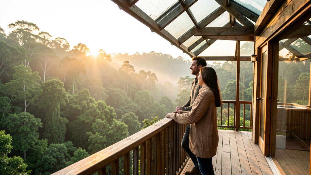 Un homme et une femme admirent une vaste forêt depuis le balcon d’un hébergement insolite au lever du soleil.