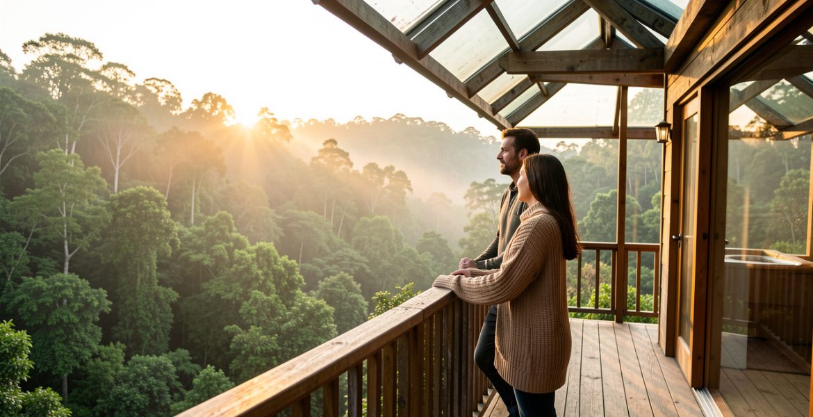 Un homme et une femme admirent une vaste forêt depuis le balcon d’un hébergement insolite au lever du soleil.