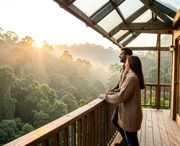 Un homme et une femme admirent une vaste forêt depuis le balcon d’un hébergement insolite au lever du soleil.