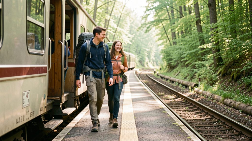 Un jeune homme et une jeune femme portant des sacs à dos descendent d’un train près d’une forêt verdoyante.