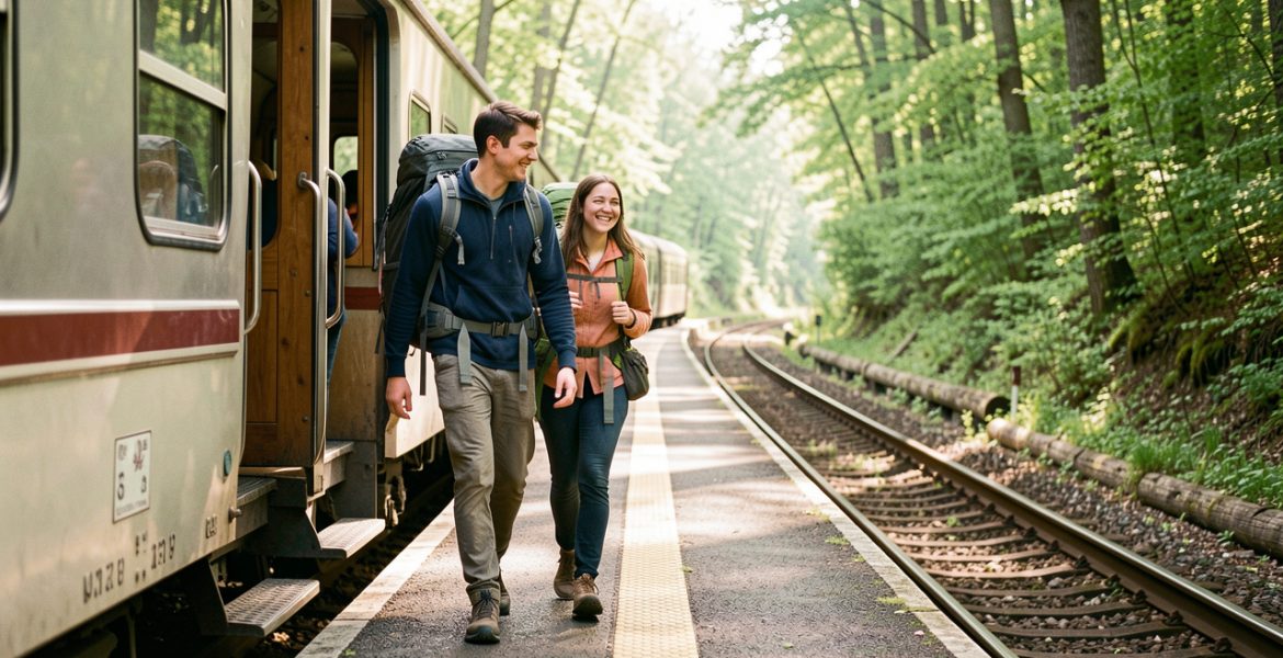 Un jeune homme et une jeune femme portant des sacs à dos descendent d’un train près d’une forêt verdoyante.