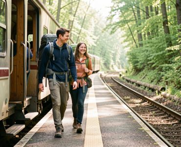 Un jeune homme et une jeune femme portant des sacs à dos descendent d’un train près d’une forêt verdoyante.