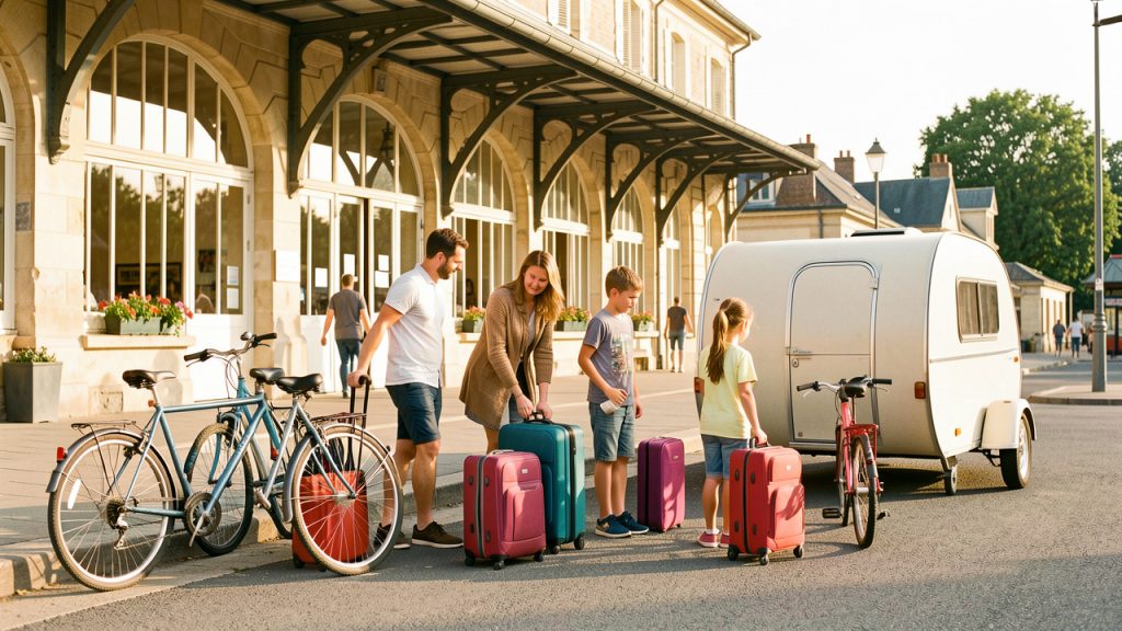 Une famille prépare des valises, des vélos et plusieurs moyens de transport devant une gare française ensoleillée.