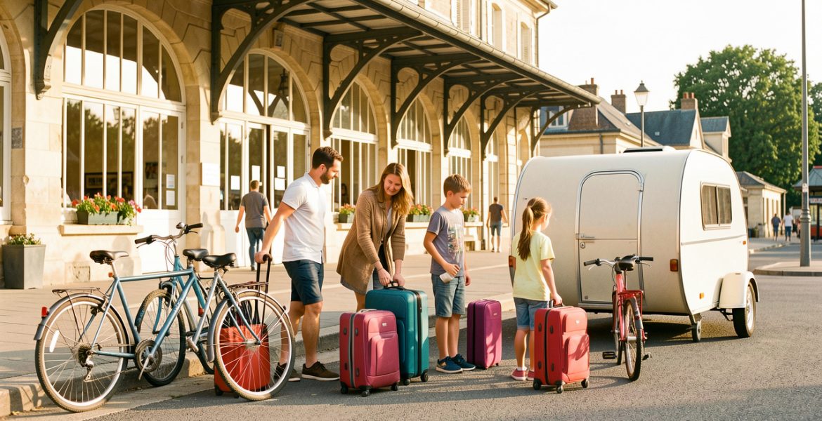 Une famille prépare des valises, des vélos et plusieurs moyens de transport devant une gare française ensoleillée.