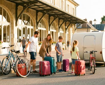 Une famille prépare des valises, des vélos et plusieurs moyens de transport devant une gare française ensoleillée.