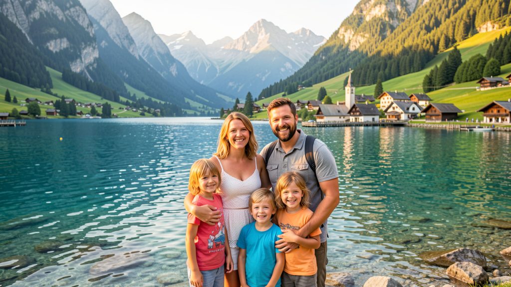 Famille en vacances réunissant une femme, un homme et deux enfants devant un lac alpin, des montagnes verdoyantes, un village français et un soleil estival.