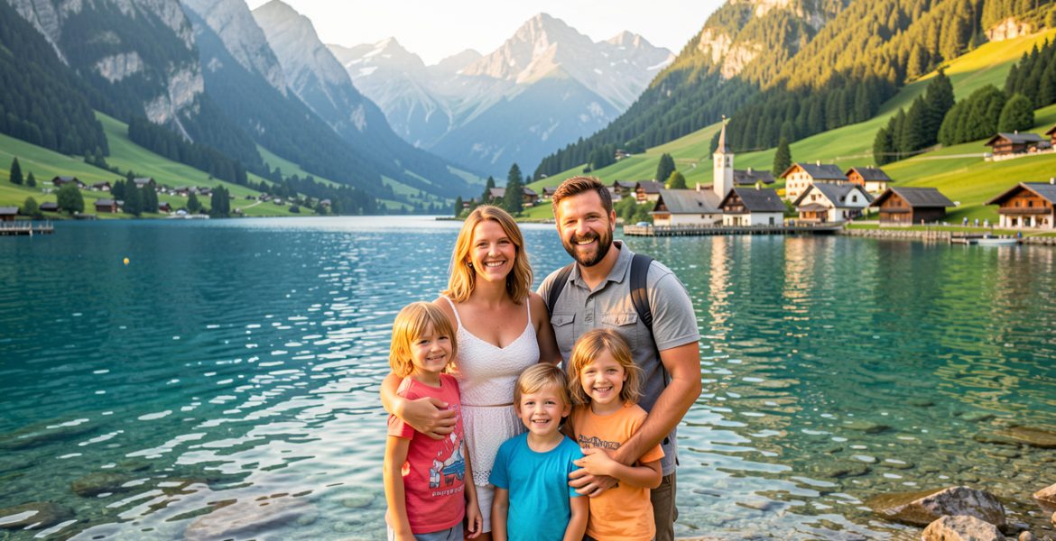 Famille en vacances réunissant une femme, un homme et deux enfants devant un lac alpin, des montagnes verdoyantes, un village français et un soleil estival.
