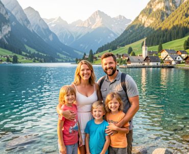 Famille en vacances réunissant une femme, un homme et deux enfants devant un lac alpin, des montagnes verdoyantes, un village français et un soleil estival.