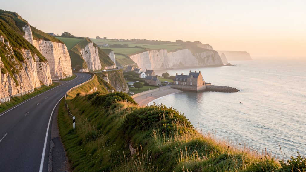 Route côtière normande longeant de hautes falaises blanches, avec un village portuaire et une campagne verdoyante baignés par la lumière dorée du lever du soleil.