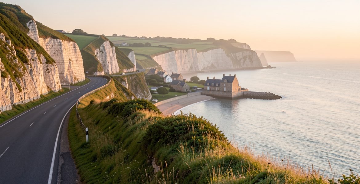 Route côtière normande longeant de hautes falaises blanches, avec un village portuaire et une campagne verdoyante baignés par la lumière dorée du lever du soleil.