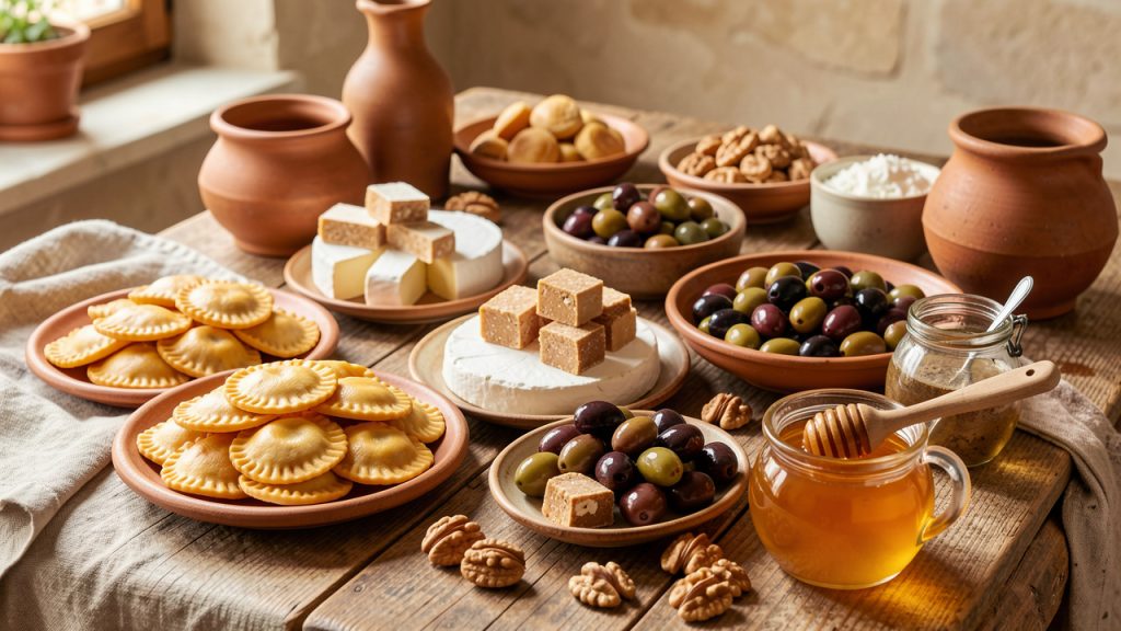 Table rustique garnie de ravioles, de picodon, de nougat, d’olives et de spécialités du terroir drômois.