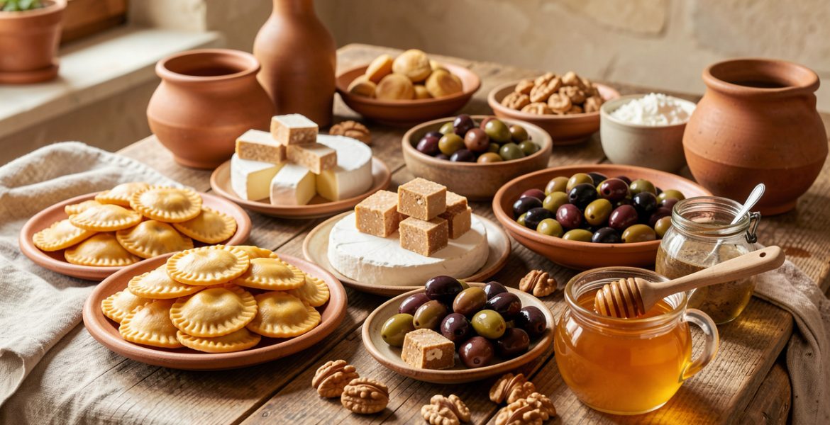 Table rustique garnie de ravioles, de picodon, de nougat, d’olives et de spécialités du terroir drômois.