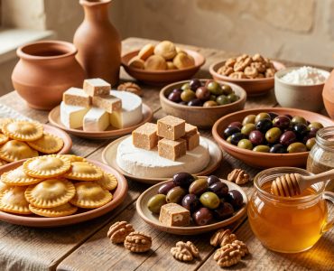 Table rustique garnie de ravioles, de picodon, de nougat, d’olives et de spécialités du terroir drômois.