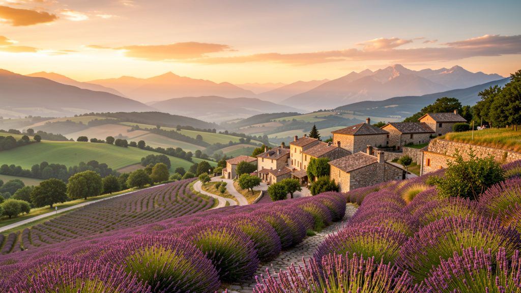 Village perché de la Drôme au coucher du soleil, entouré de champs de lavande, de collines verdoyantes et de montagnes lointaines.
