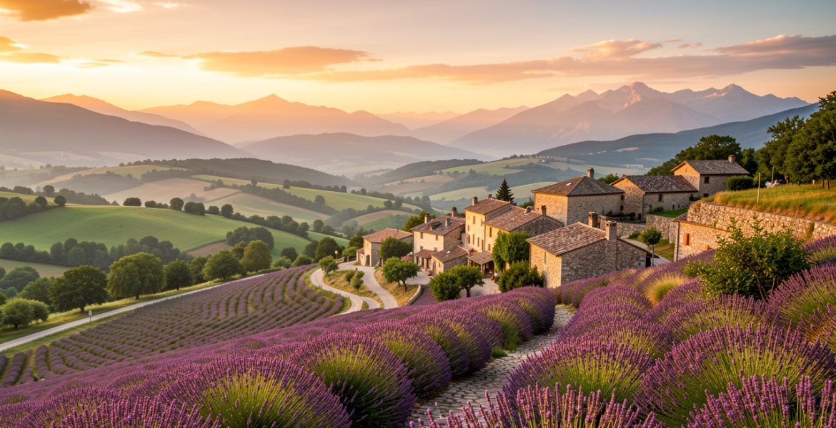 Village perché de la Drôme au coucher du soleil, entouré de champs de lavande, de collines verdoyantes et de montagnes lointaines.
