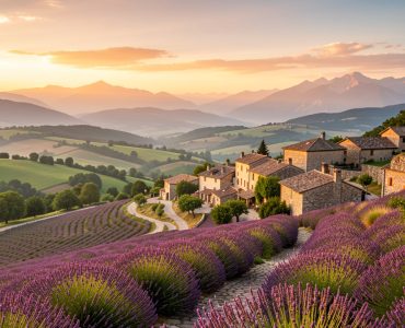 Village perché de la Drôme au coucher du soleil, entouré de champs de lavande, de collines verdoyantes et de montagnes lointaines.