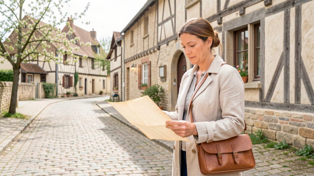 Une voyageuse examine des fac-similés anciens sans inscription devant une mairie de village normand, entourée de maisons à colombages et baignée d’une douce lumière printanière.