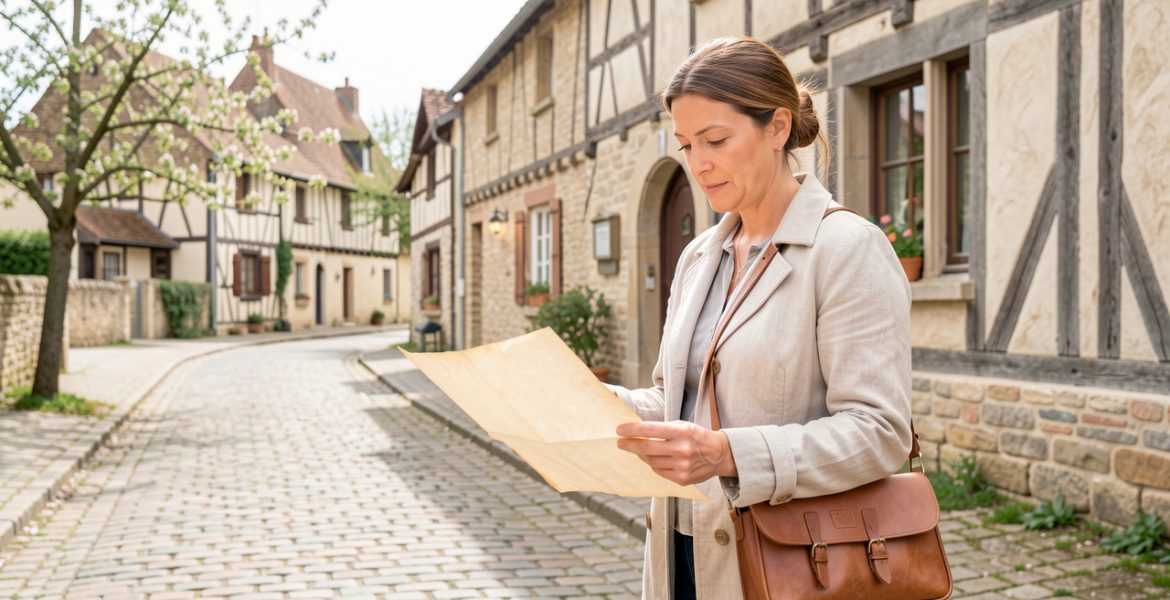 Une voyageuse examine des fac-similés anciens sans inscription devant une mairie de village normand, entourée de maisons à colombages et baignée d’une douce lumière printanière.