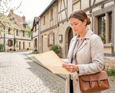 Une voyageuse examine des fac-similés anciens sans inscription devant une mairie de village normand, entourée de maisons à colombages et baignée d’une douce lumière printanière.