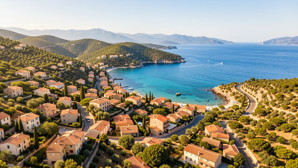 Vue panoramique du golfe de Saint-Tropez avec des villages provençaux, une mer turquoise et une route côtière baignée de soleil