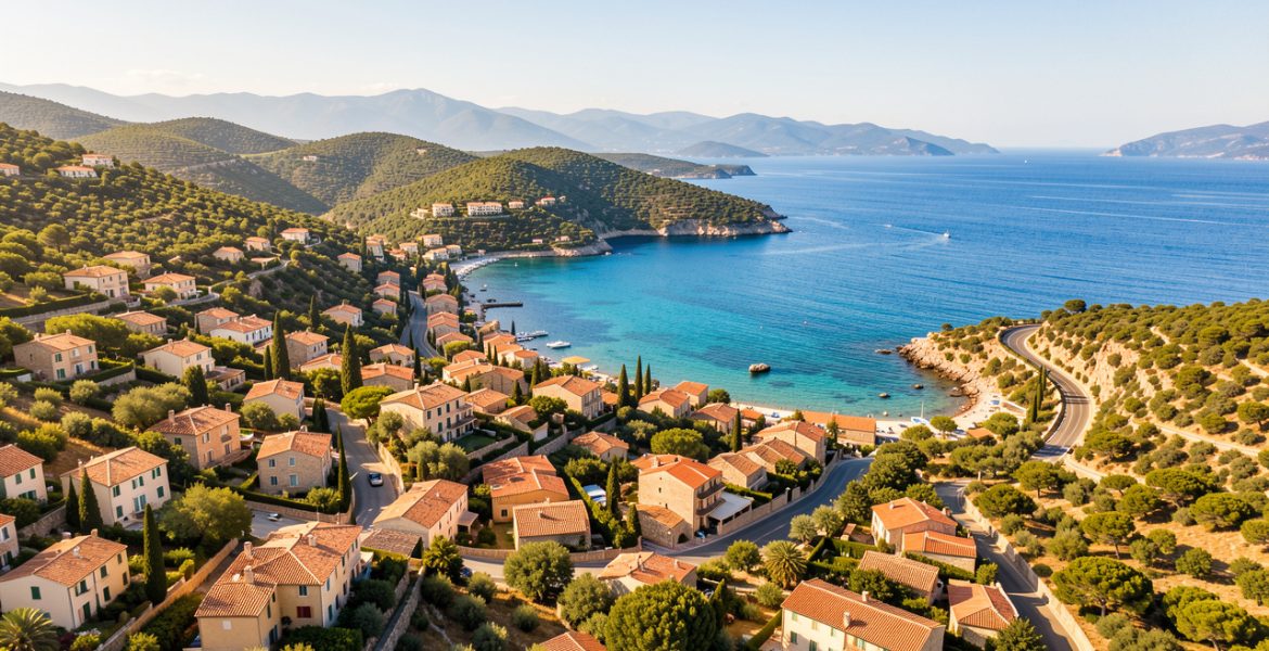 Vue panoramique du golfe de Saint-Tropez avec des villages provençaux, une mer turquoise et une route côtière baignée de soleil