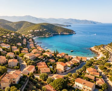 Vue panoramique du golfe de Saint-Tropez avec des villages provençaux, une mer turquoise et une route côtière baignée de soleil