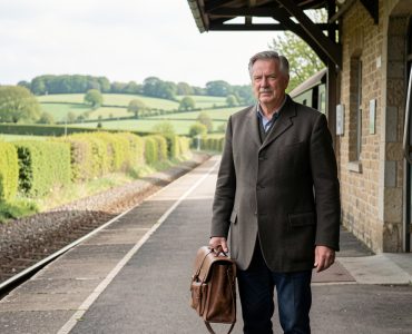 Un homme à cheval portant une veste d’équitation arrive dans une petite gare rurale normande avec un sac de voyage, tandis que le bocage verdoyant s’étend à l’arrière-plan sous une douce lumière printanière.