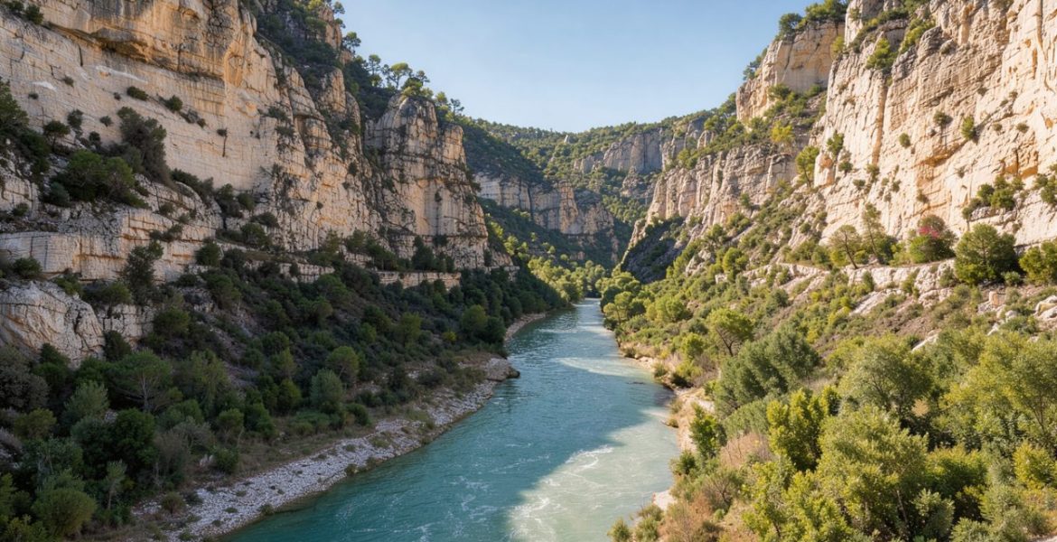 Vue panoramique des gorges de l’Ardèche avec une rivière turquoise, des falaises calcaires et une végétation méditerranéenne baignée de soleil.