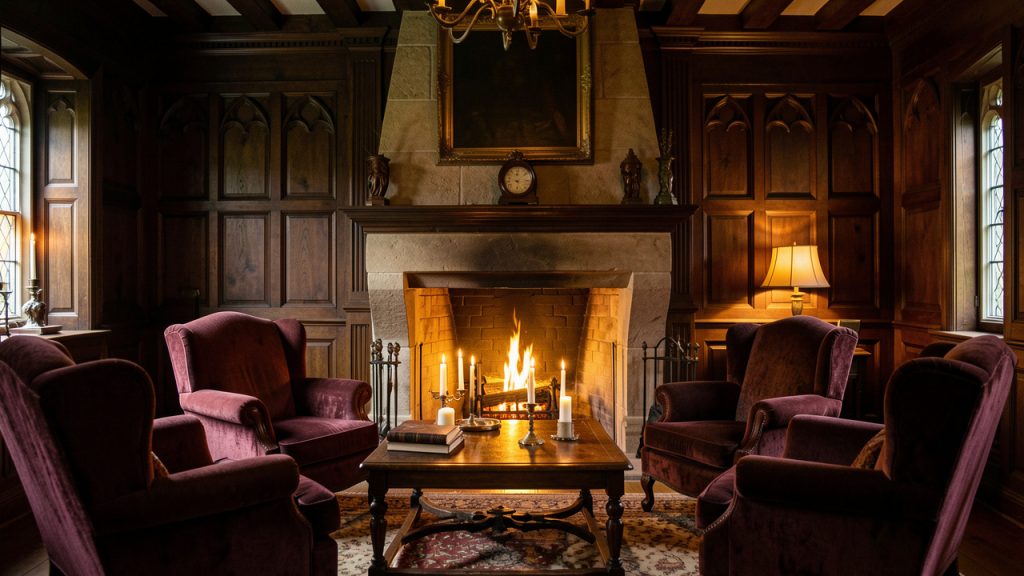 Intérieur chaleureux d’un ancien manoir normand, avec boiseries sombres, fauteuils profonds, cheminée en pierre et bougies diffusant une lumière douce dans une ambiance gothique élégante.