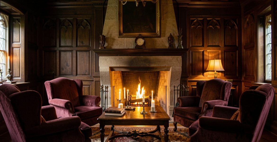 Intérieur chaleureux d’un ancien manoir normand, avec boiseries sombres, fauteuils profonds, cheminée en pierre et bougies diffusant une lumière douce dans une ambiance gothique élégante.