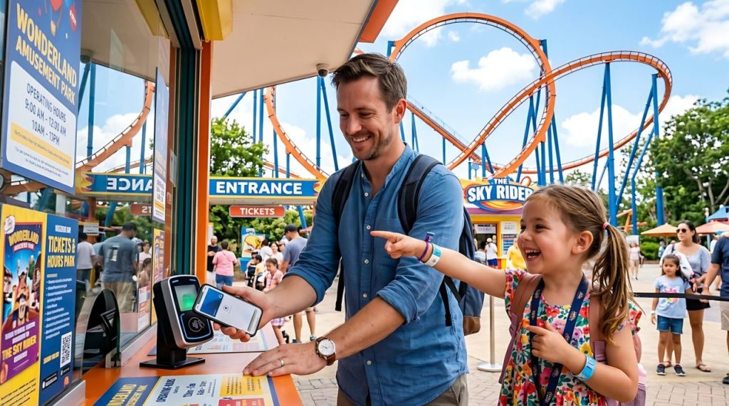 Famille devant l’entrée d’un parc d’attractions en Rhône-Alpes