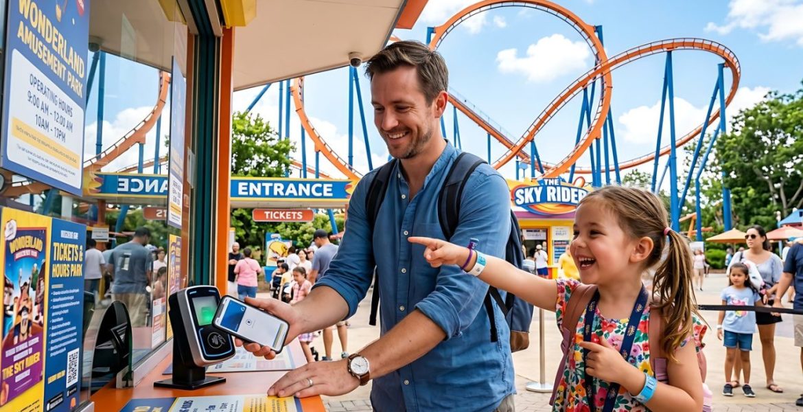 Famille devant l’entrée d’un parc d’attractions en Rhône-Alpes