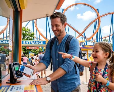 Famille devant l’entrée d’un parc d’attractions en Rhône-Alpes