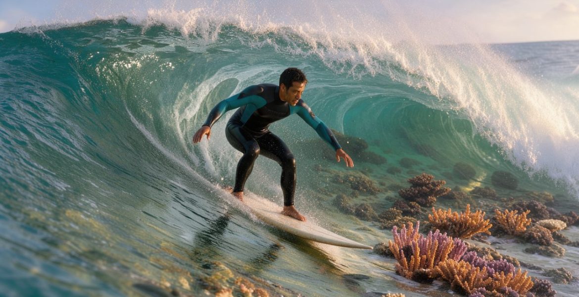 Un surfeur expérimenté prend une vague droite et tubulaire à Cloud 9, au-dessus d’un récif corallien visible dans une eau tropicale éclairée par la douce lumière du matin.